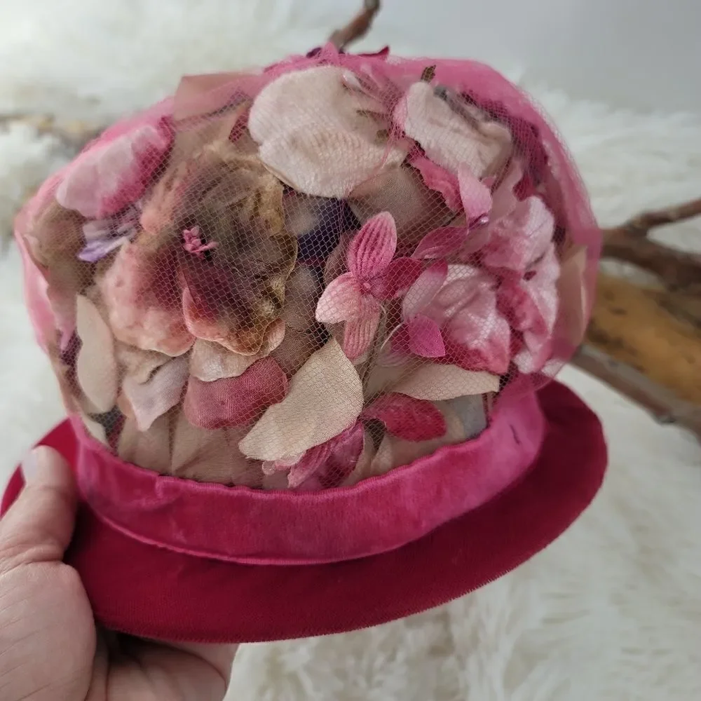 Vintage 1950s originals by Lee Bury of Dallas flower mesh and velvet hat pink - Picture 7 of 11